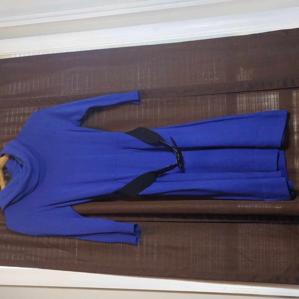 Blue Cowl Neck Sweater Dress with Black Belt